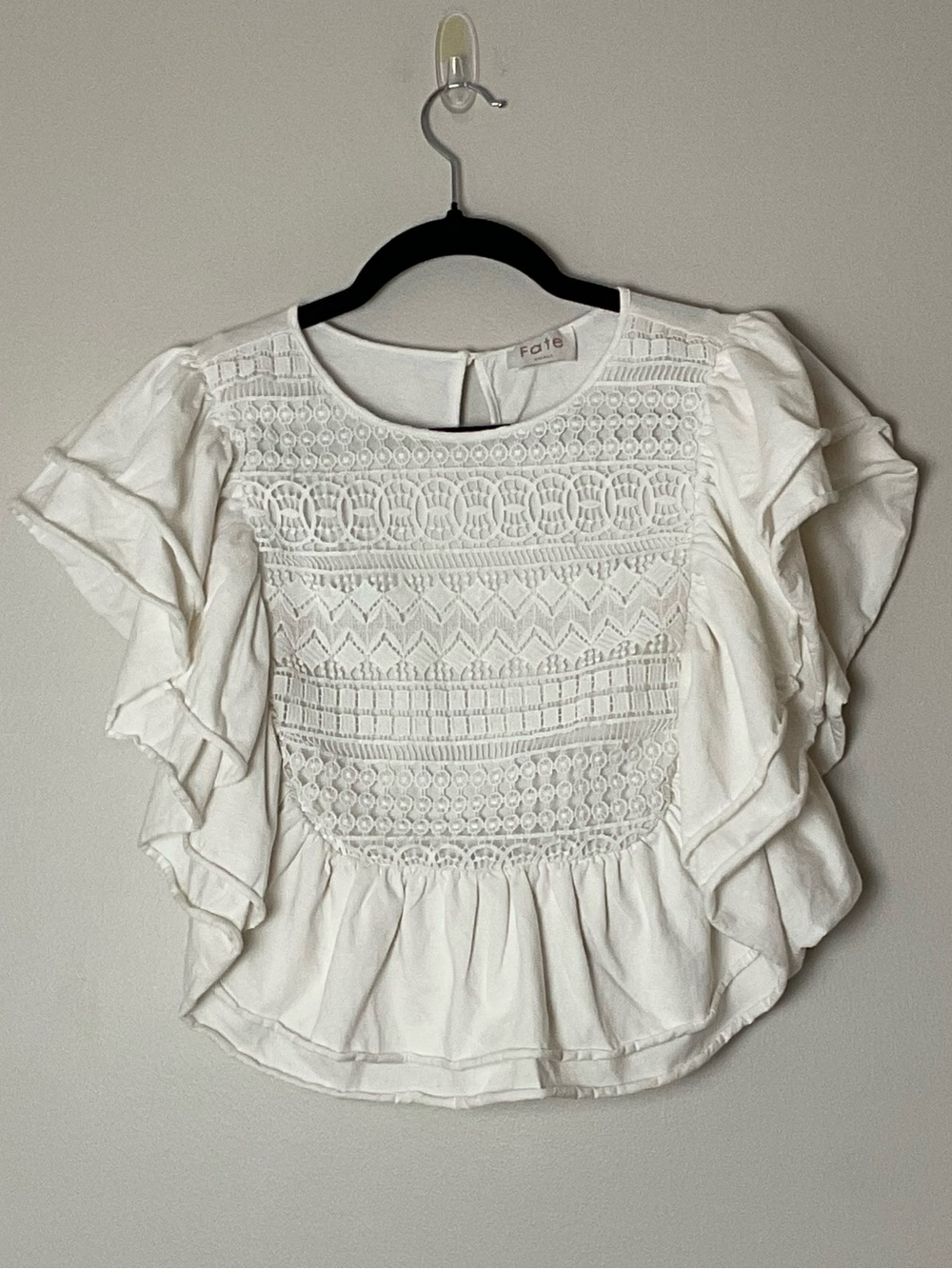 Fate White Flutter Sleeve Crochet Frnt Ruffle hem Top Cottagecore Prairie Chic S